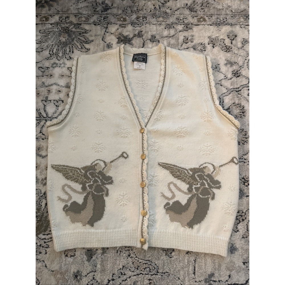 Southern Lady Cardigan Sweater Vest  Heaven Angel Church Neutral Gold Buttons